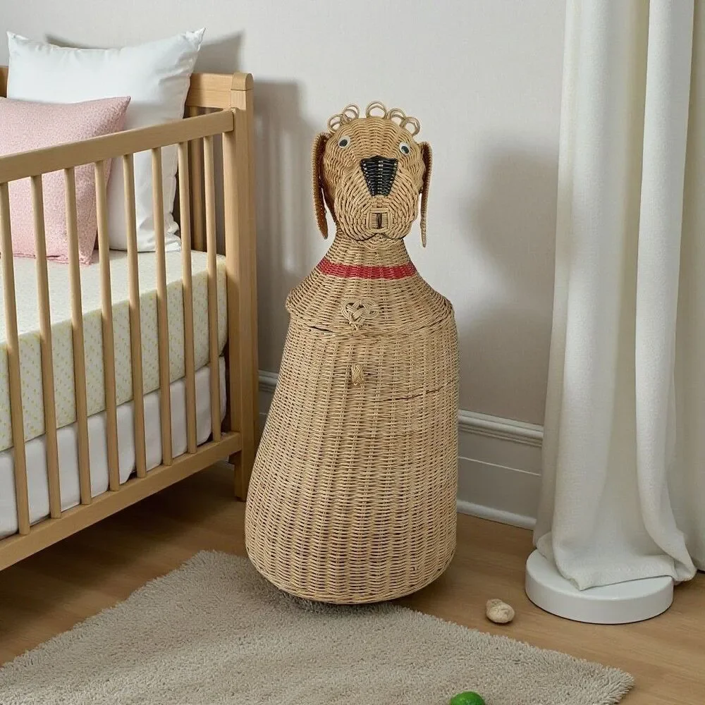 Wicker Dog Basket Hamper Laundry Puppy Collar Animal Novelty Vtg 70's MCM 31